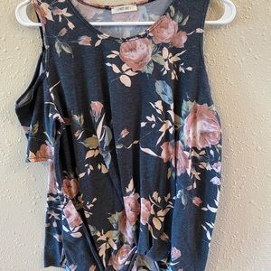 Shoulder cut out, floral shirt with knot in front. Size medium
